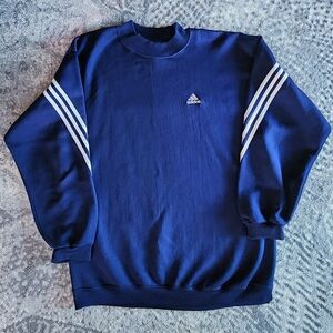 Vintage Adidas Size L - Men's Navy Crewneck Sweatshirt with Three-Stripe Sleeve